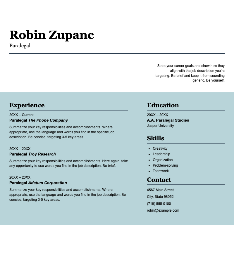 Impact resume - Clean, two-column paralegal resume template with experience, education, skills, and contact sections for legal job seekers.